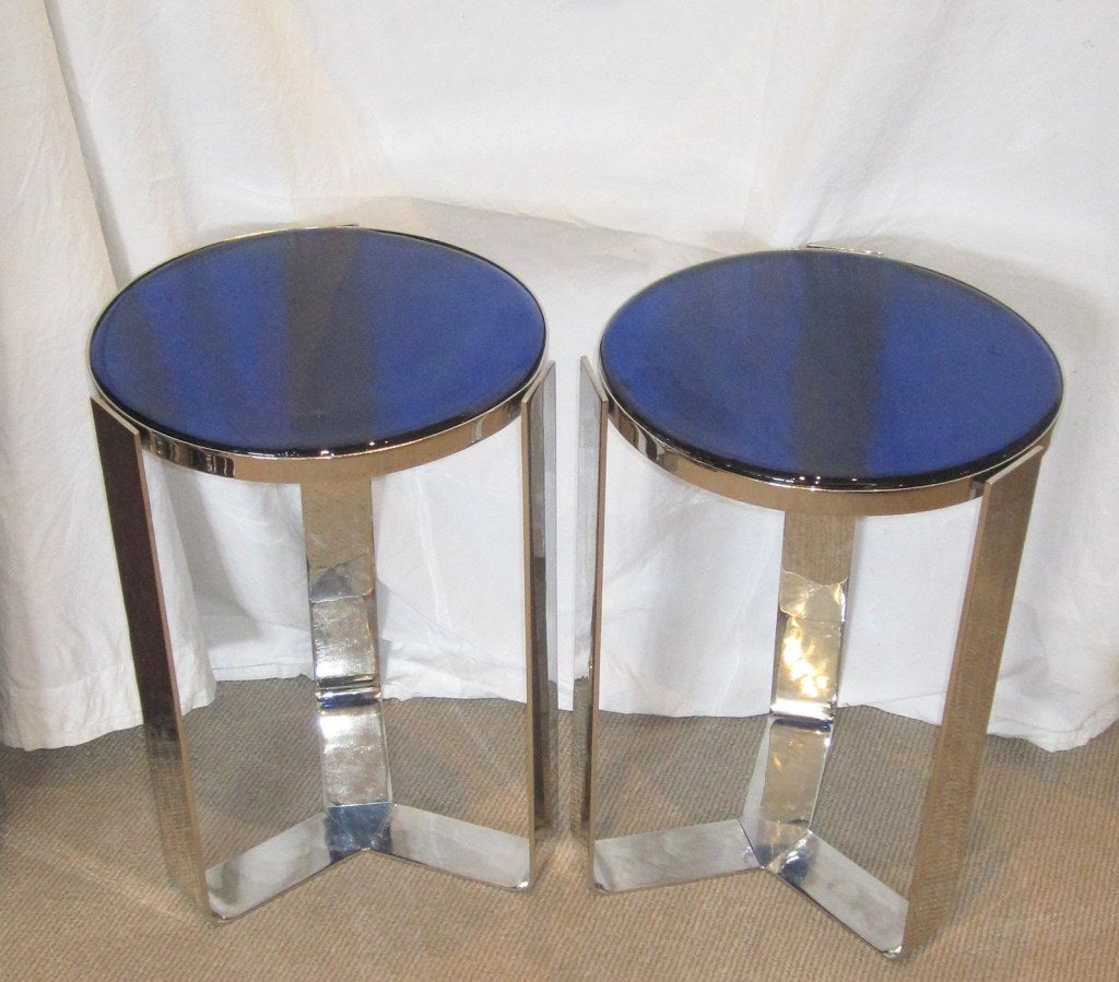 French Pair of Stunning Blue Glass Art Deco Side Tables