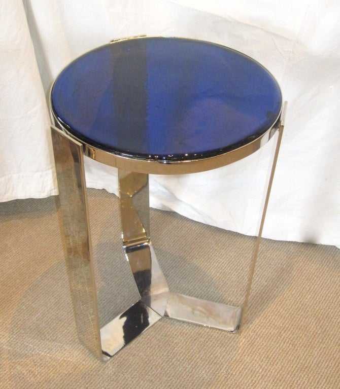 Pair of Stunning Blue Glass Art Deco Side Tables 1