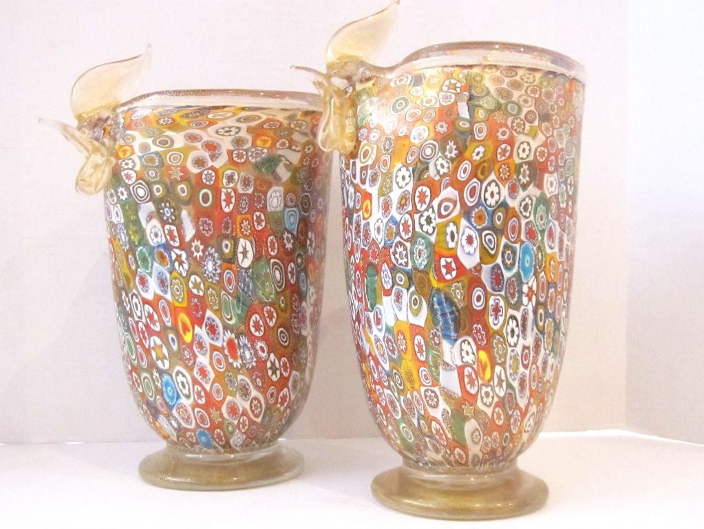 A Pair of Gambaro & Poggi Murano Glass Rooster Vases done in Millefiori Glass Technique with Gold Inclusion.