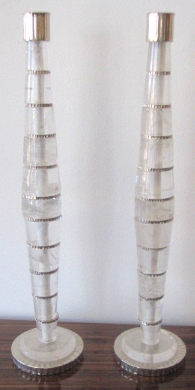 Pair of Polished Rock Crystal Candelsticks In Excellent Condition In Miami, FL