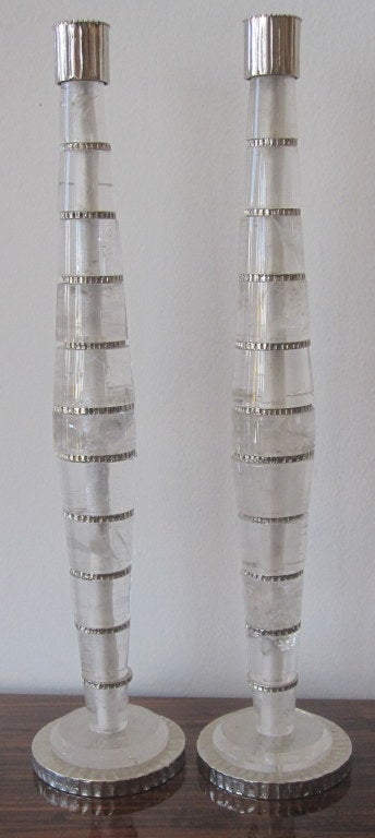 Contemporary Pair of Polished Rock Crystal Candelsticks