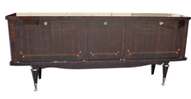 A French Art Deco Macassar Dark Grain Buffet with Inlay, Finished Lemon Wood Interior, All keys present, Excellent Condition.