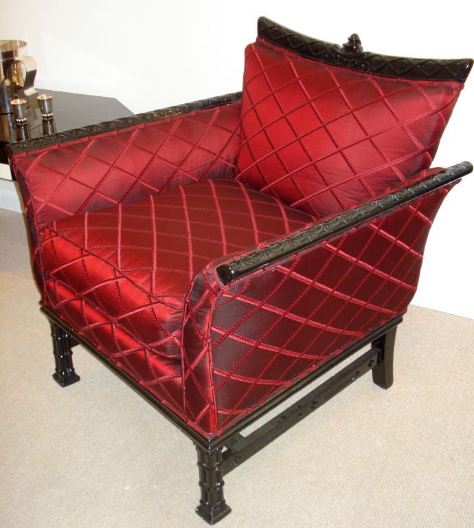 Fully Restored Grosfeld House Carved Black Lacquered Wood and Hermes Red Silk Brocade Upholstered Armchair.