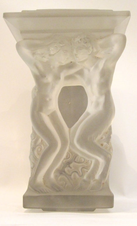 Beautiful Rene Lalique Pan and Nymph Art Glass sculpture on metal wall mount. Originally intended as a door handle.
