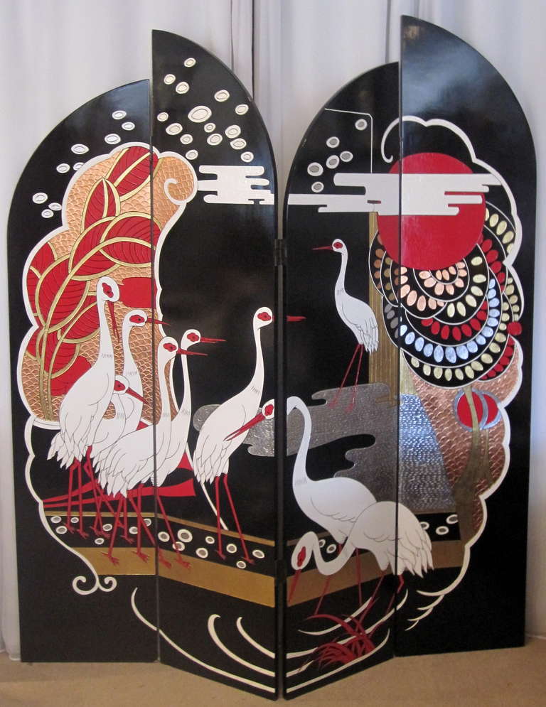 A gorgeous, unique, American Art Deco four panel screen, carved and lacquered, both front and back, with a tropical scene in beautiful vivid colors and a textured design in the style of Erte.