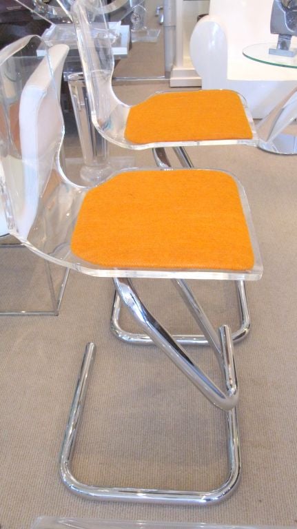 Pair of , Pace Style, Lucite and Chrome Bar Stools