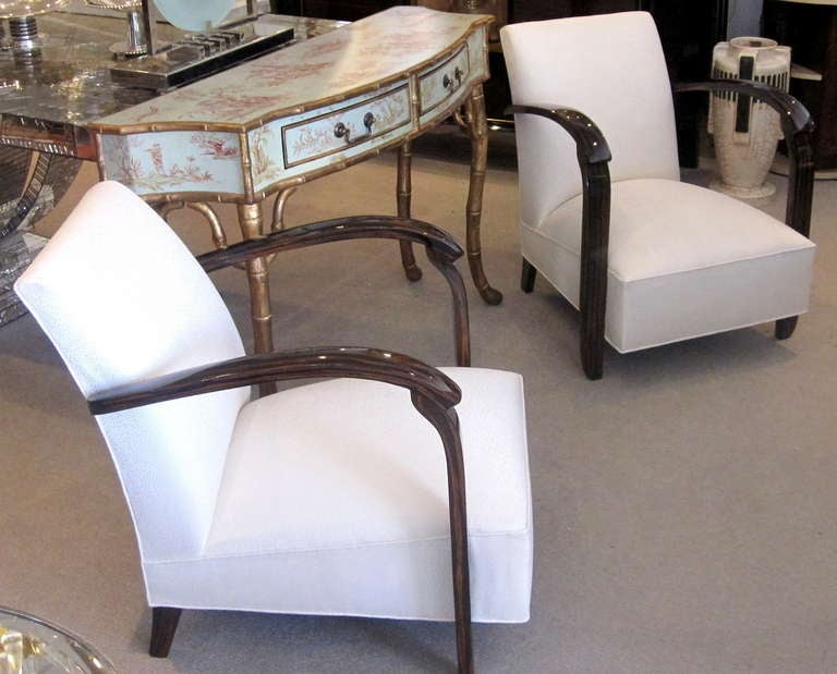 Macassar Pair of French Art Deco Armchairs by DIM