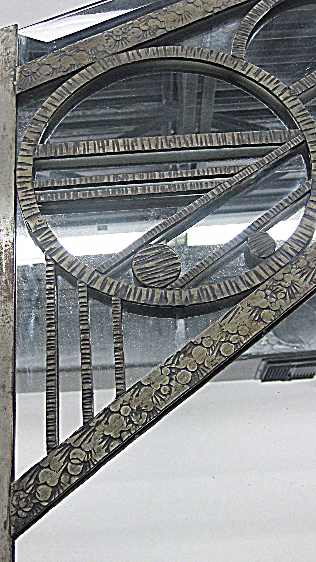 Hammered Geometric French Art Deco Wrought-Iron Mirror by Charles Piguet