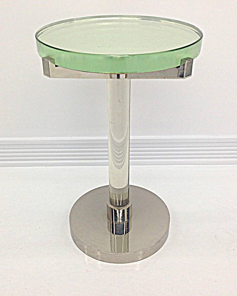 Beautiful French modernist side table with original nickel dipped bronze base and arms, thick glass support rod, topped with 1 inch thick Saint-Gobain 
glass.