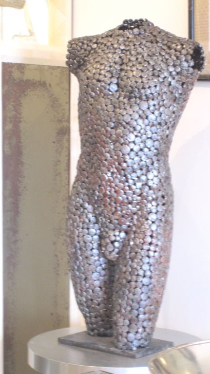 A Strong Mid-Century Male Nude Sculpture of Welded Iron with Silver Patine.