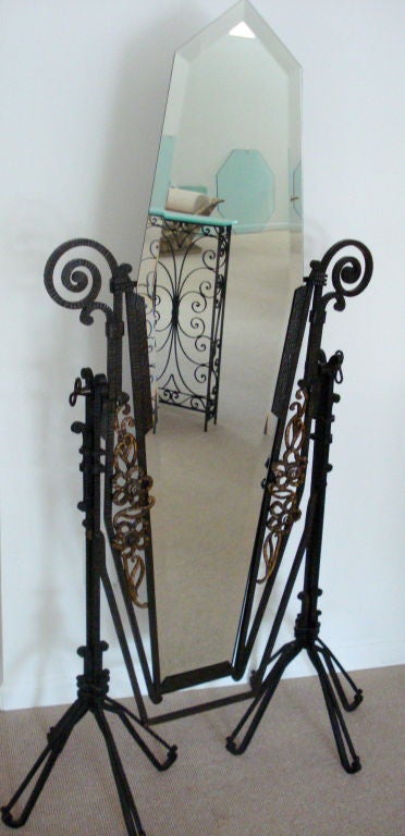 A Rare French Art Deco Forged Iron Full Length, Free Standing Mirror in the Style of Edgar Brandt.