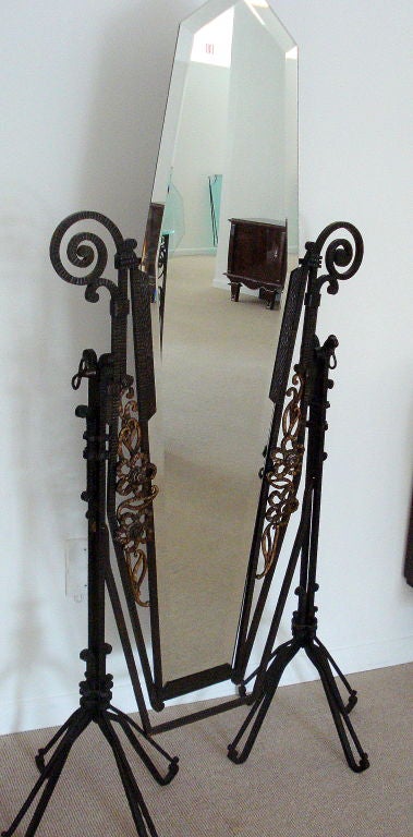 Edgar Brandt Style French Art Deco Forged Iron Standing Mirror For Sale 1