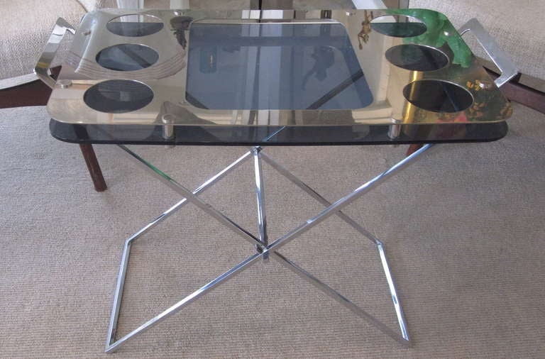Beautiful Bar Tray with Grey Glass , Chrome, and Nickel Plated Bronze Stand, by Willy Rizzo.