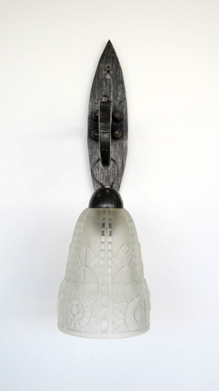 Pair of  French Art Deco Forged Iron and Glass Sconces