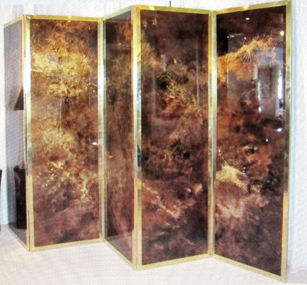 A Unique Five Panel Screen,with Gold Inclusion Technique on Crocodile-Colored Brown Lacquered Wood. Brass Frames and Hinges Complete this Gorgeous Screen by Guy Lefevre for Maison Jansen.