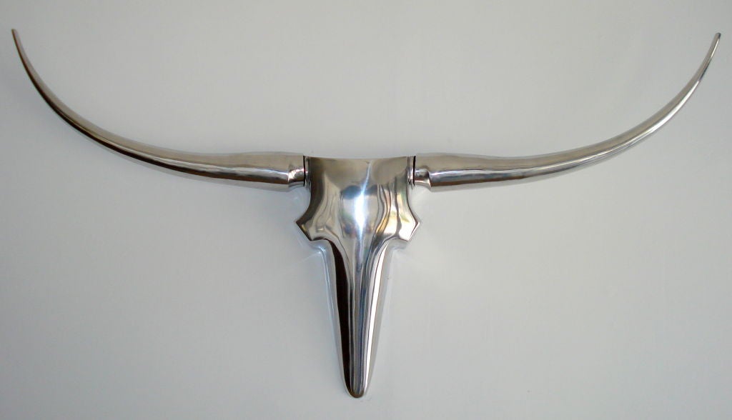 A Very Strong, yet Elegant, Chromed Metal Wall Sculpture of Long Horned Bull.