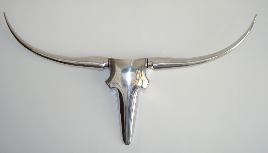 French Chrome Long Horn Bull Wall Sculpture