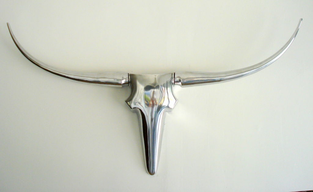 Chrome Long Horn Bull Wall Sculpture In Excellent Condition In Miami, FL