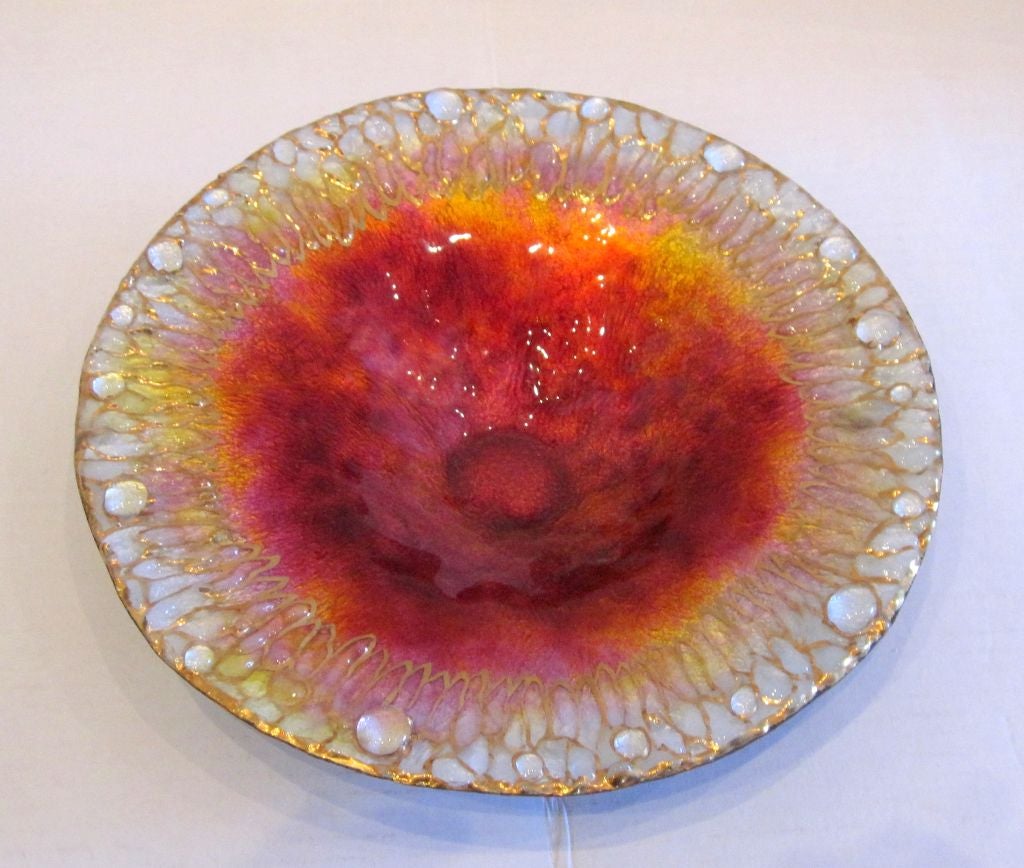 Exquisite French enamel dish with vibrant glaze and intricate gold pattern, circa 1950s, signed P. Bonnet.
