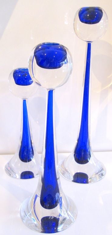 A Stunning Set of Cenedese Murano Glass Candlesticks with a Beautiful Cobalt Blue Hue.<br />
Measurements:<br />
Tallest: 14 1/2