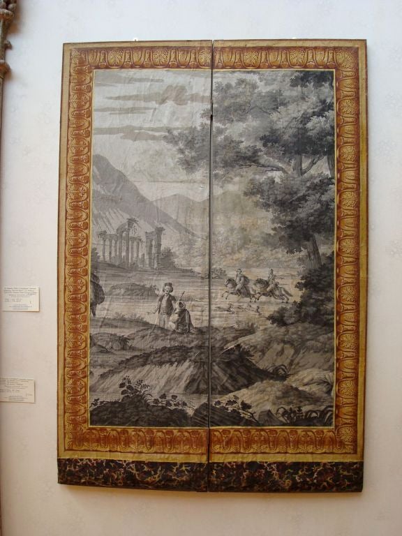 A French Early Nineteenth Century Papier Peint  Dufour Four panel grisaille papier peint screen, c.1809<br />
Inspired by the drawings of Jean Baptiste Hilair 