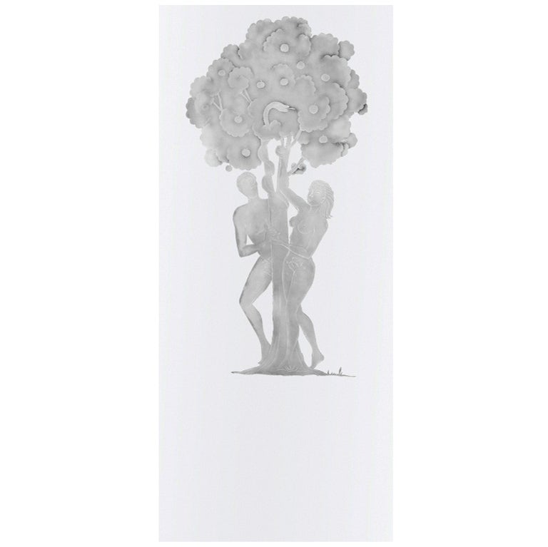 Figural Etched Glass Panel Adam and Eve For Sale