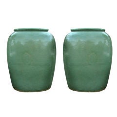 Pair Of  Ceramic  Green  Glaze  Chinese  Planyers