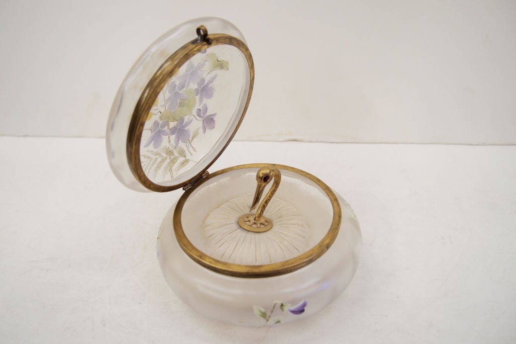 Victorian hand painted Satin Glass Powder Jar and Swan puff For Sale 3