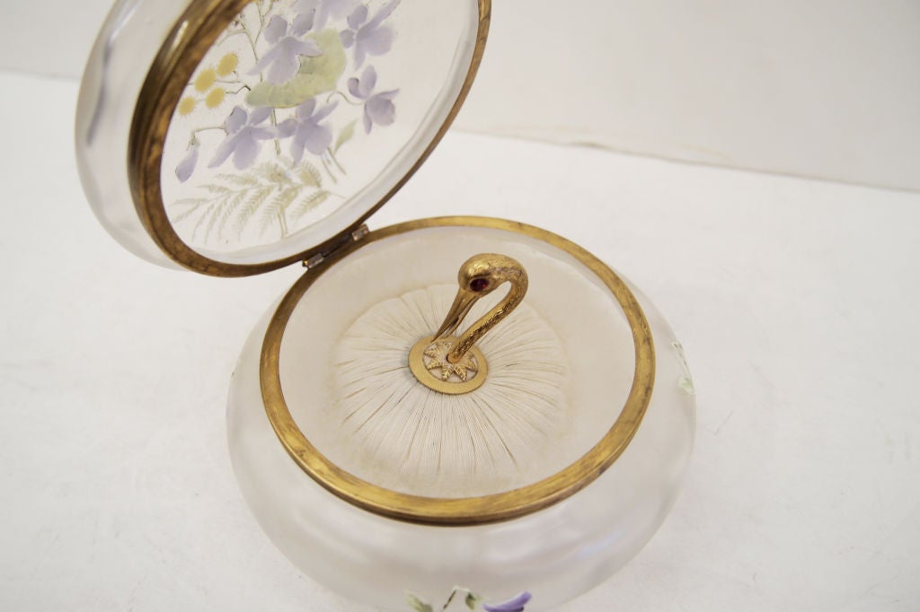 Victorian hand painted Satin Glass Powder Jar and Swan puff For Sale 4