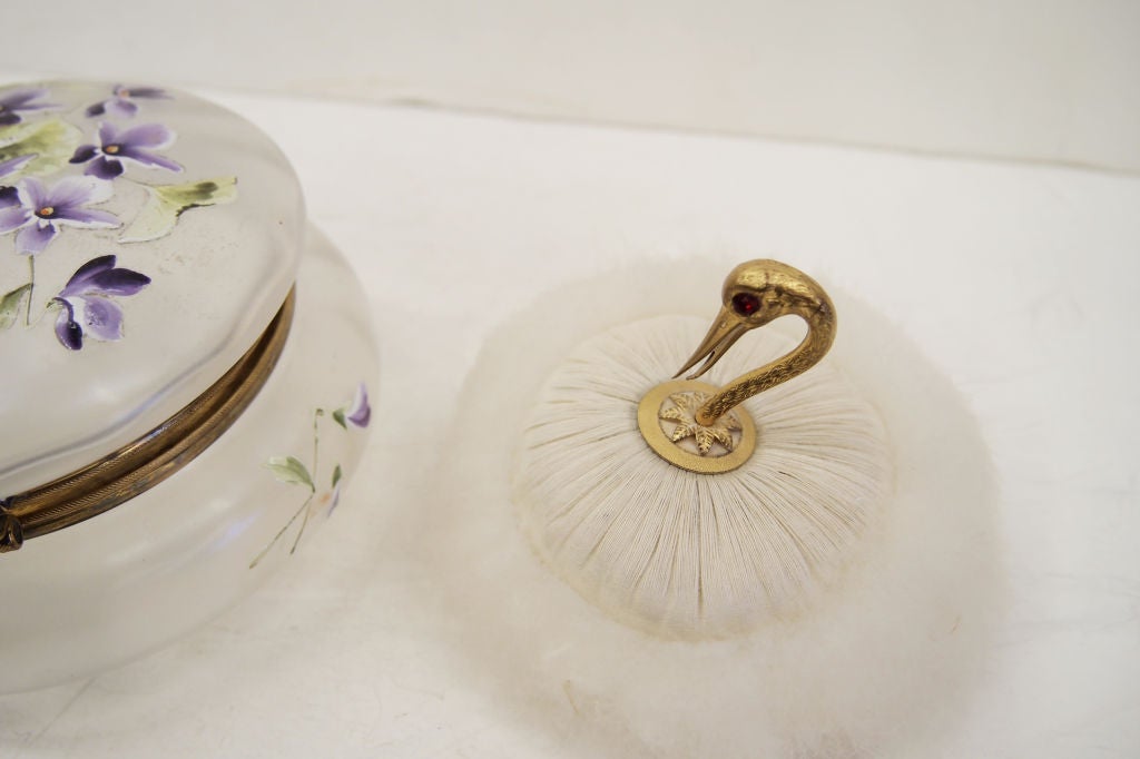 Victorian hand painted Satin Glass Powder Jar and Swan puff For Sale 5