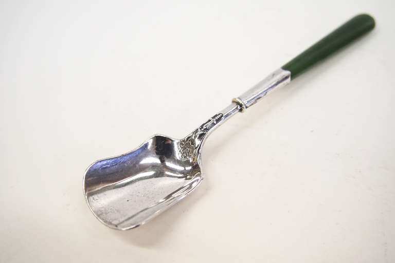 20th Century Antique Serling Sugar Shovel with Jade handle dated 1903 For Sale