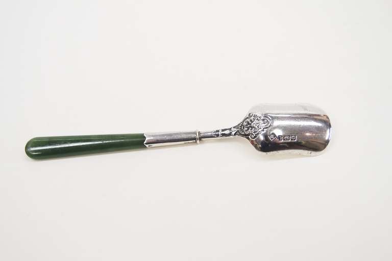 British Antique Serling Sugar Shovel with Jade handle dated 1903 For Sale