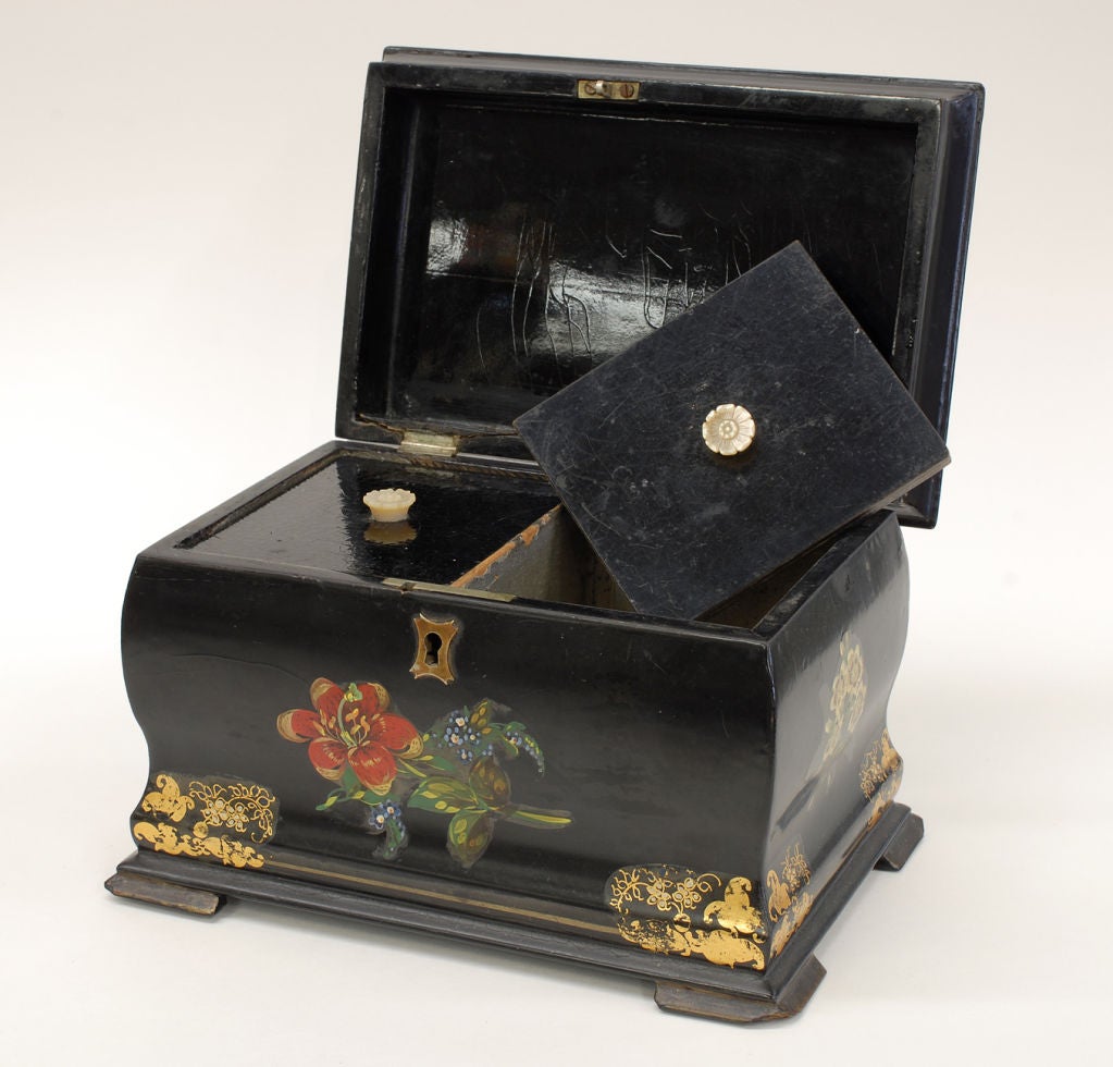 19th Century Antique English Papier Mache Tea Caddy For Sale