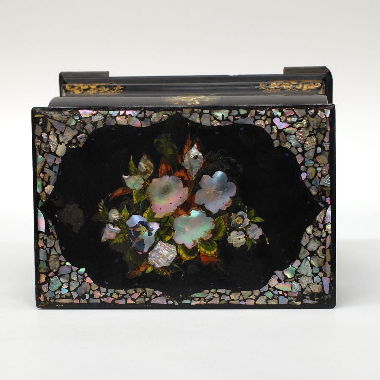 Mother-of-Pearl Antique English Papier Mache Tea Caddy For Sale