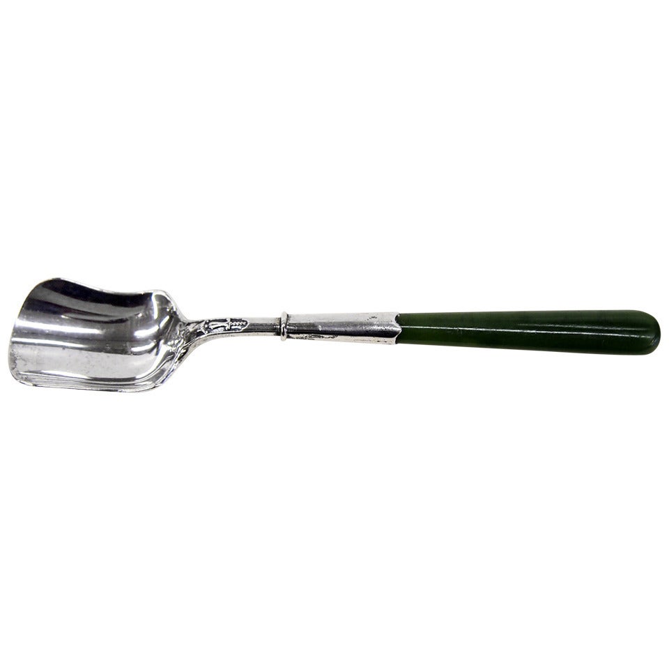 Antique Serling Sugar Shovel with Jade handle dated 1903 For Sale