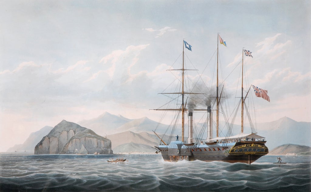 This is a desirable ship's portrait of the English ship The Bentinck passing Aden on January 3, 1844  on her first voyage on the Indian Seas.  The original painting was by W.J. Huggins marine painter to his late majesty William IV.  It was engraved