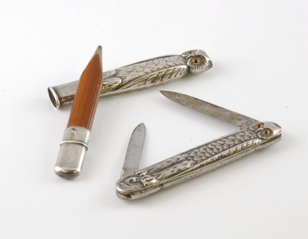 European Antique Silver (.800) Owl Pencil & Penknife Set