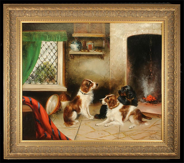 A fine pair of Oil Paintings on canvas of 'Spaniels by the Hearth' & 'Terriers in the Barn' by listed artist British Frank Cassell. Signed.  Circa. l880s