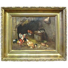 Antique Farmyard OIl Painting with Chickens and a Pouting Cat