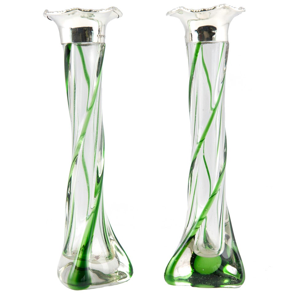 Pair of 1920s Ribbed Glass & Sterling Bud Vases