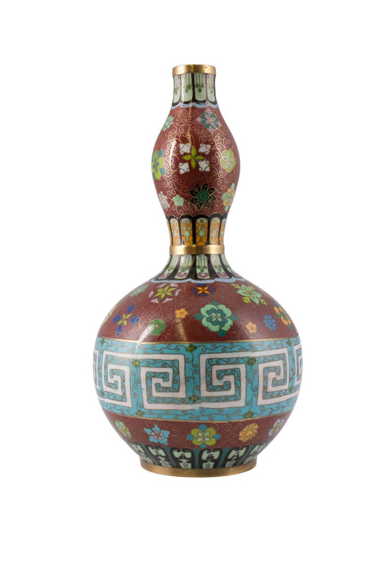 A very fine quality multi-designed Chinese Cloisonne Vase.
This Vase was bought new in Seattle, Wash in the early 1960s and still had the price tag of $240 on it.  There is no maker's mark.