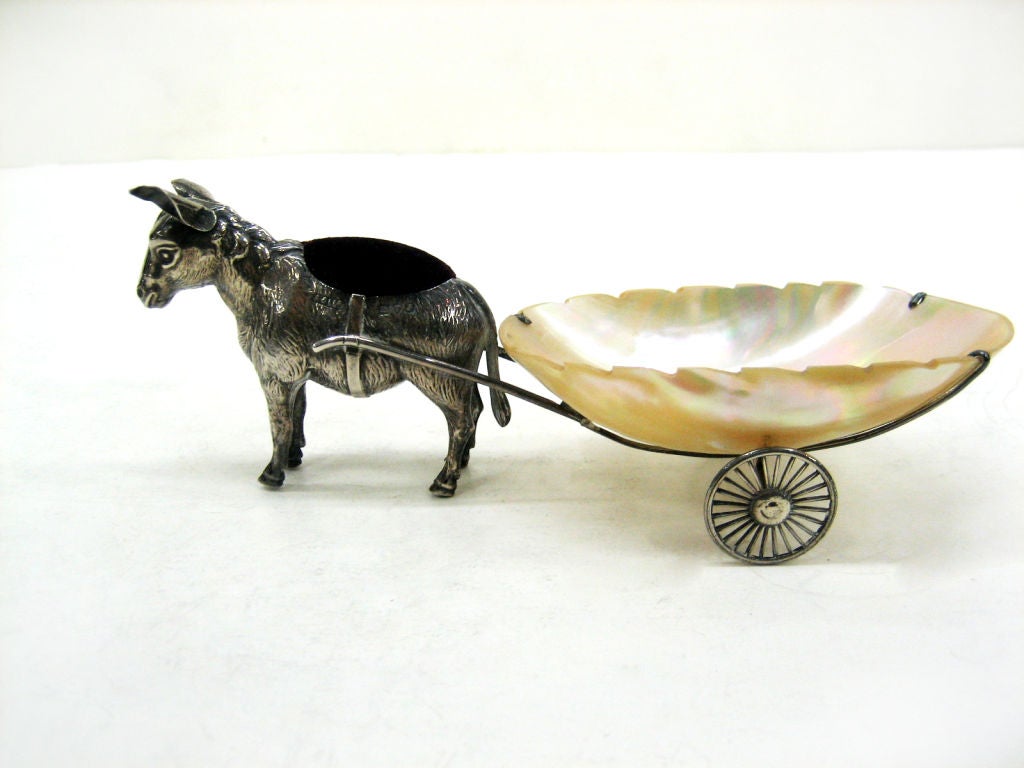 English Sterling Silver Donkey Pin Cushion with Cart