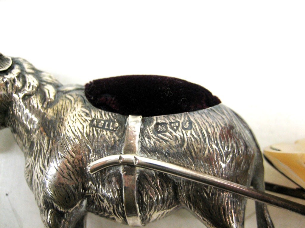 20th Century Sterling Silver Donkey Pin Cushion with Cart