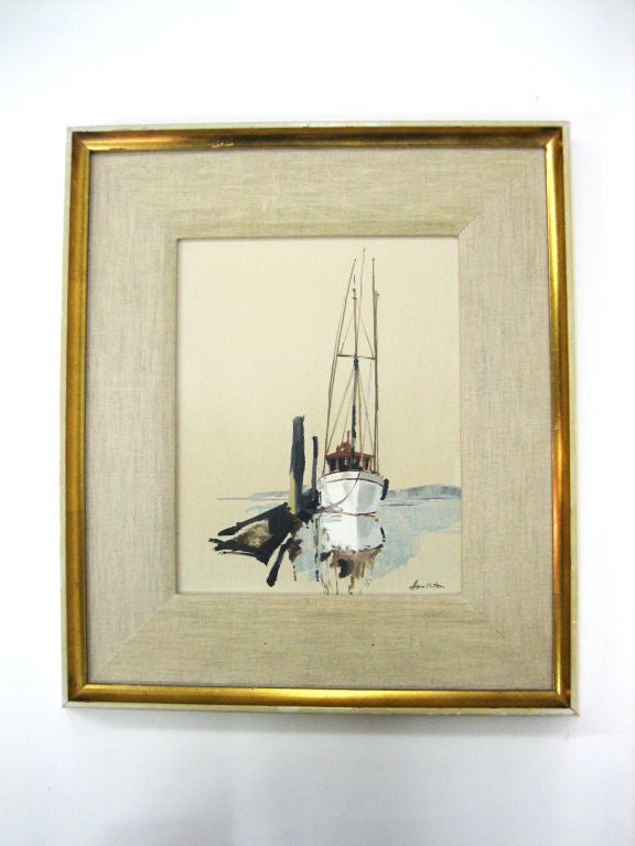 This is an Oil Painting on Board of a Fishboat painted along the British Columbia coastline probably in the Richmond area.Jack Hambleton was a member of the BCSA and exhibited at prominent galleries in Vancouver. Framed in original frame. 