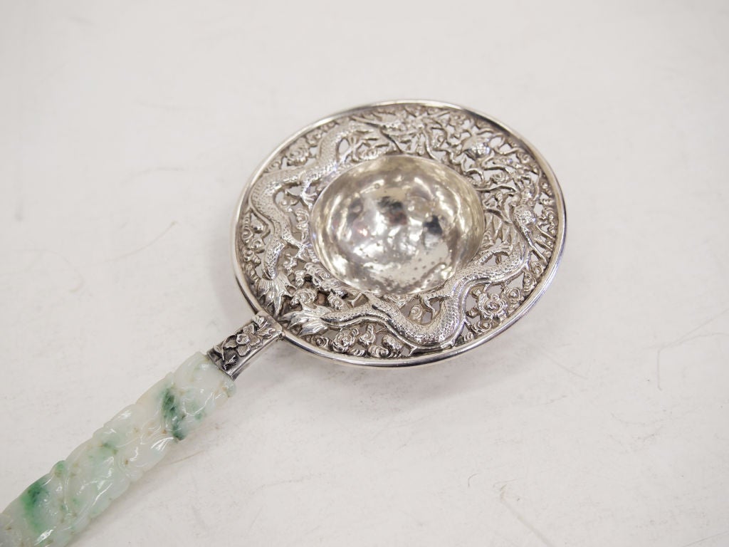 Chinese  Sterling & Jadeite Tea Strainer by Chin In Excellent Condition In Vancouver, BC