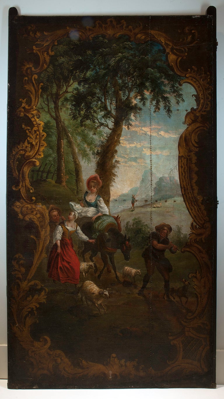 Italian Spectacular 17th-18th Century Oil Painting on Canvas, Four-Panel Screen For Sale