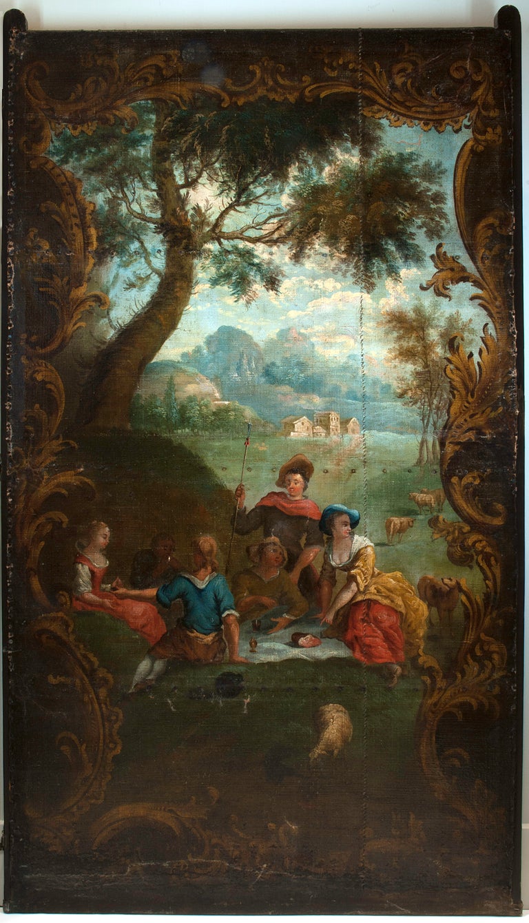 Spectacular 17th-18th Century Oil Painting on Canvas, Four-Panel Screen In Good Condition For Sale In Vancouver, BC