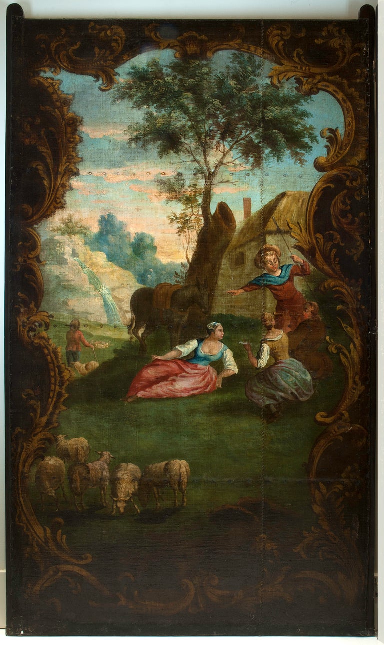 18th Century and Earlier Spectacular 17th-18th Century Oil Painting on Canvas, Four-Panel Screen For Sale