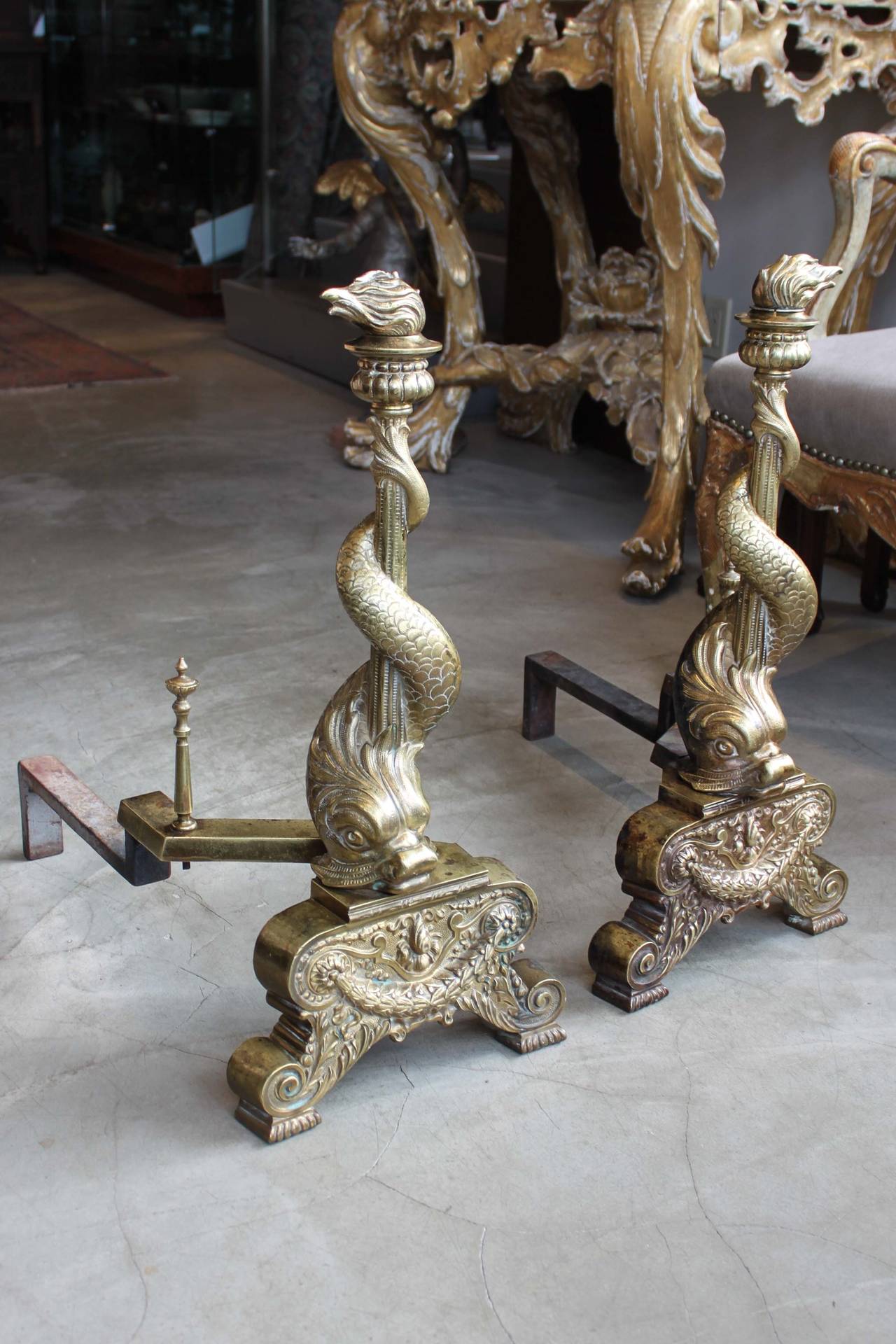 Pair of brass dolphin andirons, finely cast and in wonderful original condition.
Panache antiques.