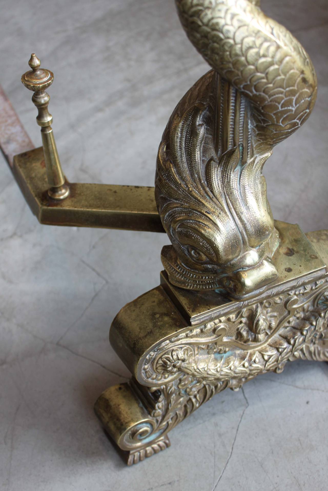20th Century Brass Dolphin Andirons For Sale